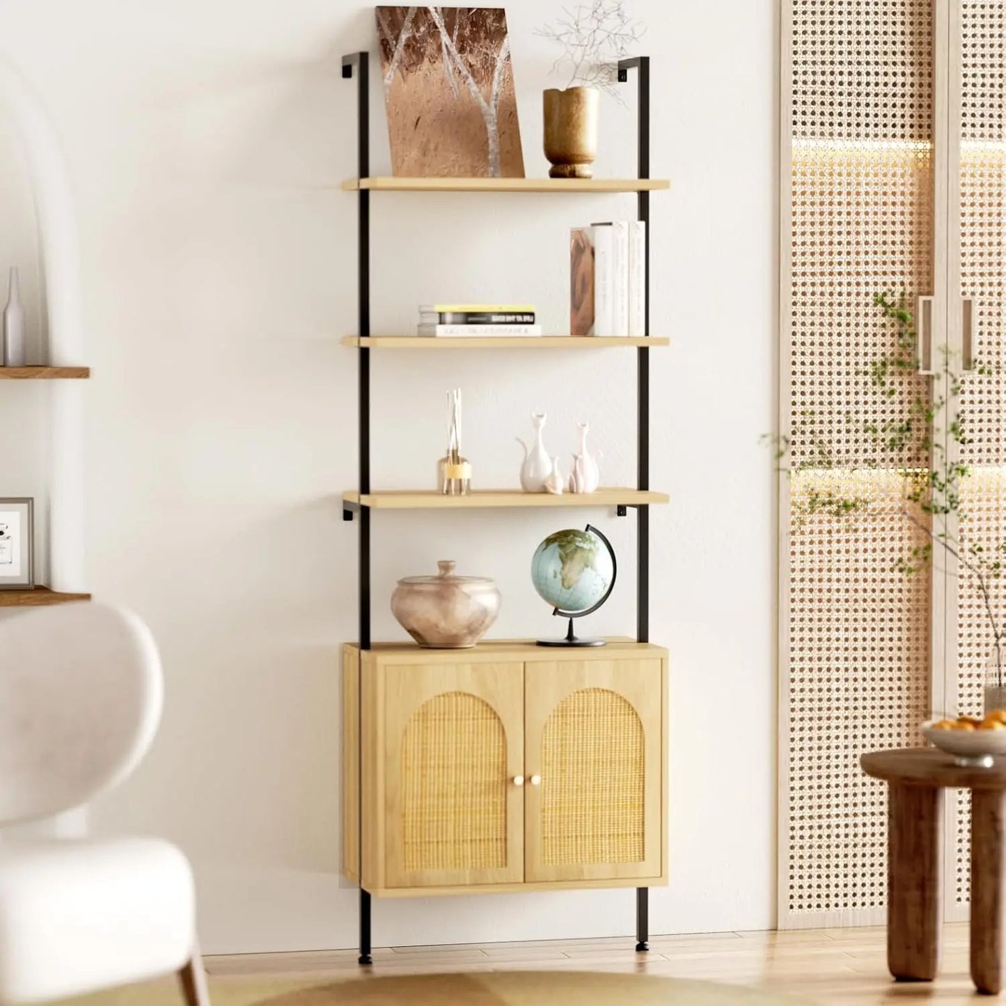 Ladder Bookshelf with Rattan Storage Cabinet 71'' 3-Tier Bookcase with Metal Frame Wall Mount Bookshelf for Home Office