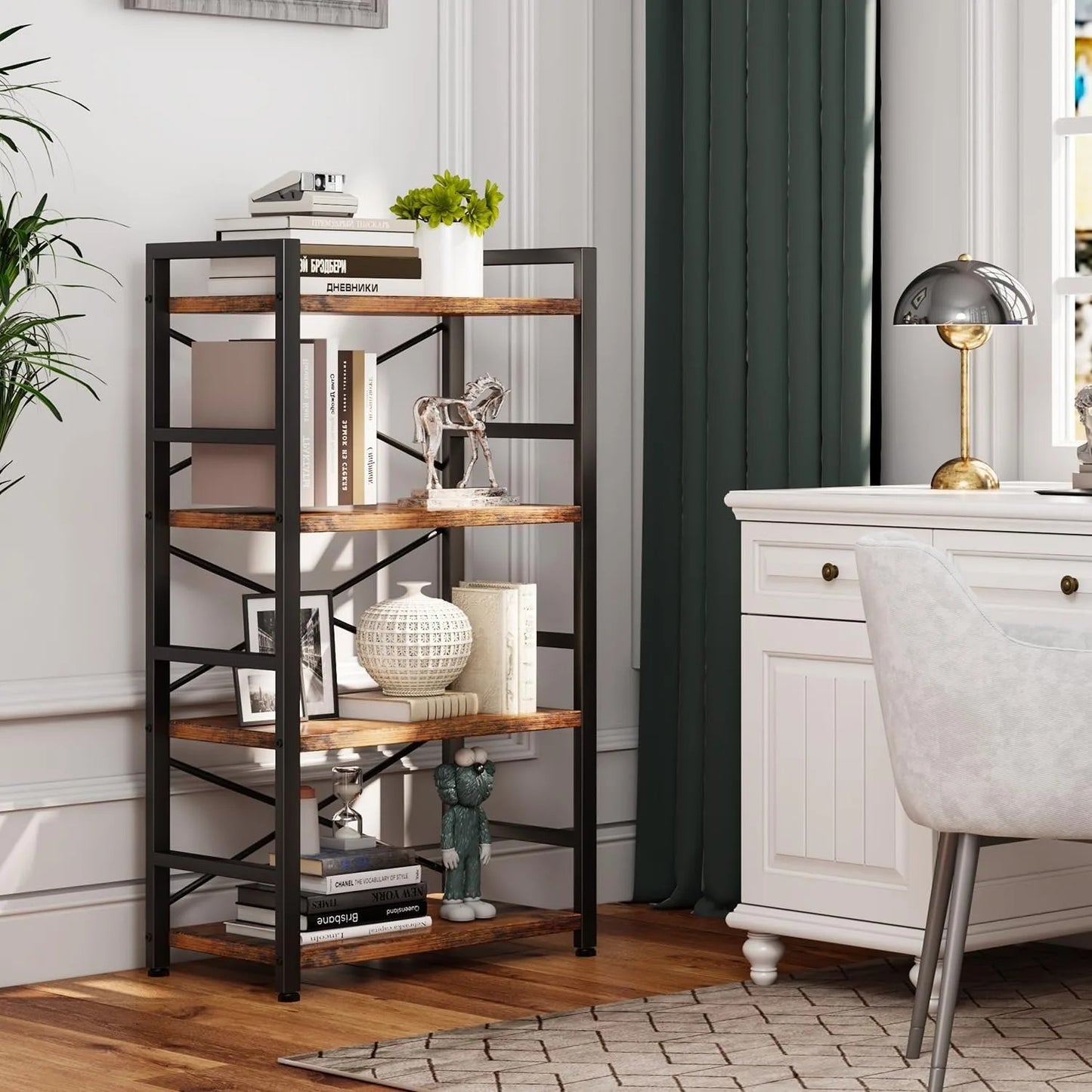 Bookshelf, 4 Tier Small Bookcase, Organizers and Storage, Metal Small Bookcase, Rustic Book Shelf Organization and Storage