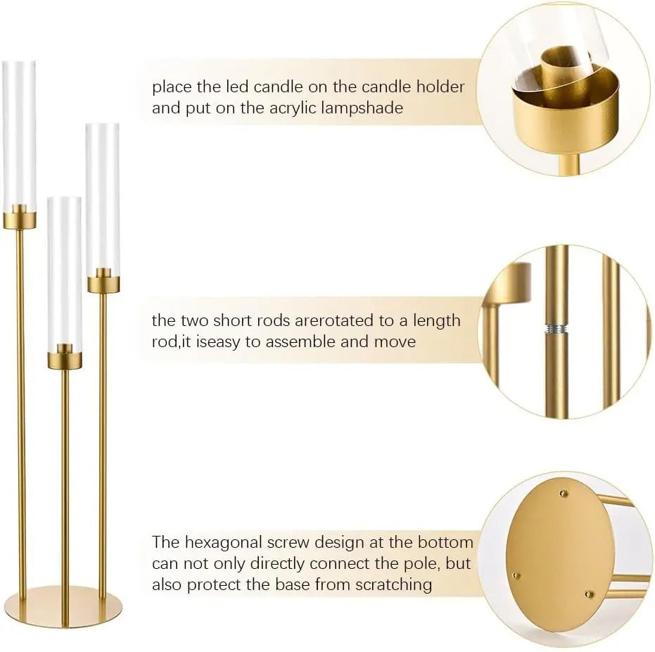 2PCS Gold Candle Holders for Wedding 3 Arm Candelabra with Arcylic Lampshade for Table Centerpiece Metal Candlestick Holder