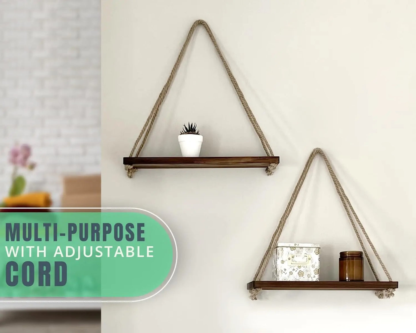 Comfify Hanging Shelves for Wall Rustic Farmhouse Boho Shelves with String Thick Distressed Torched Look Real Wood 1pcs