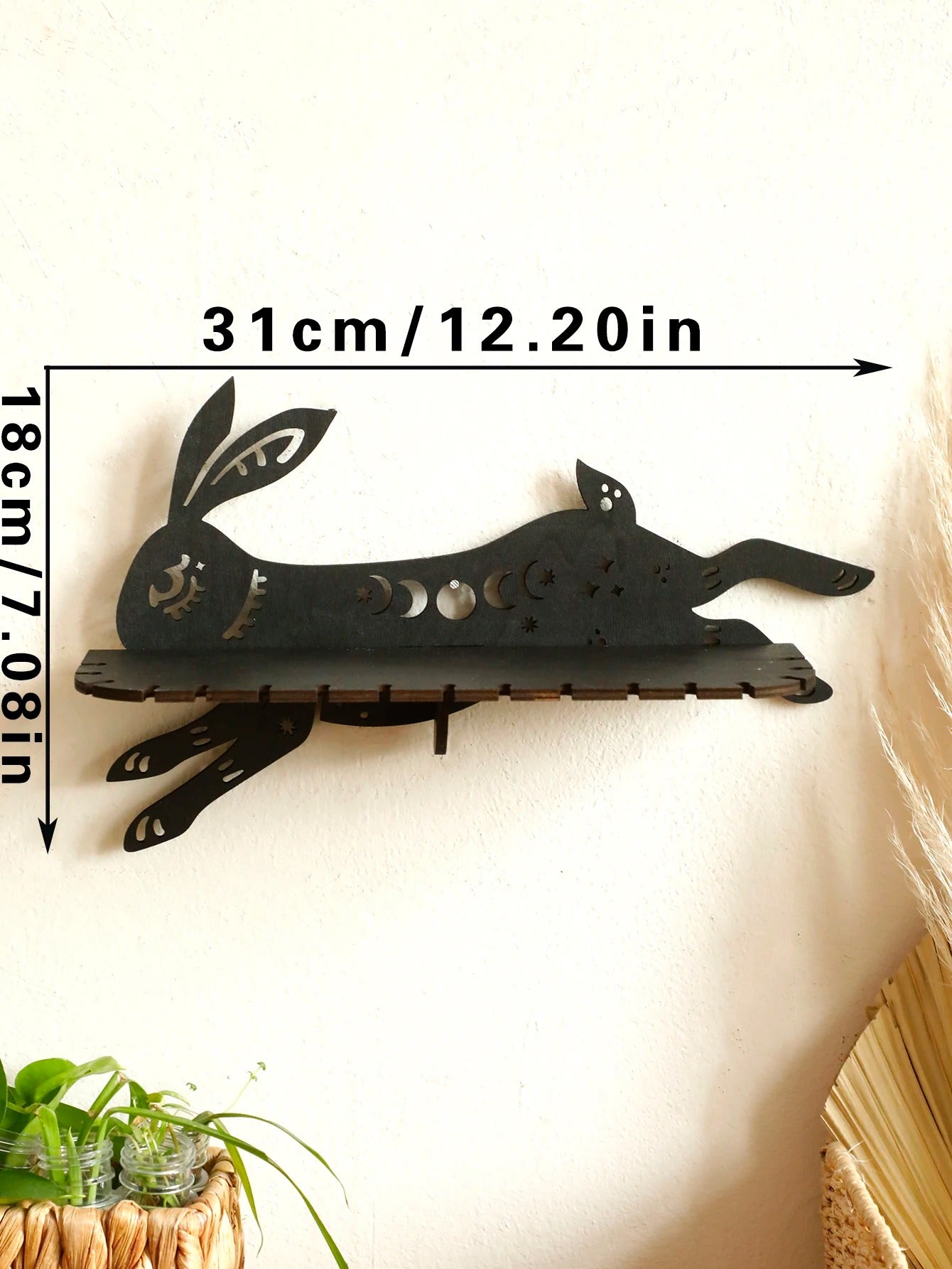 Gothic Black Running Rabbit Wall Shelf Wooden Floating Shelves Boho Home Deocr Moon Phase Crystal Shelf Ledge Bedroom Decoration