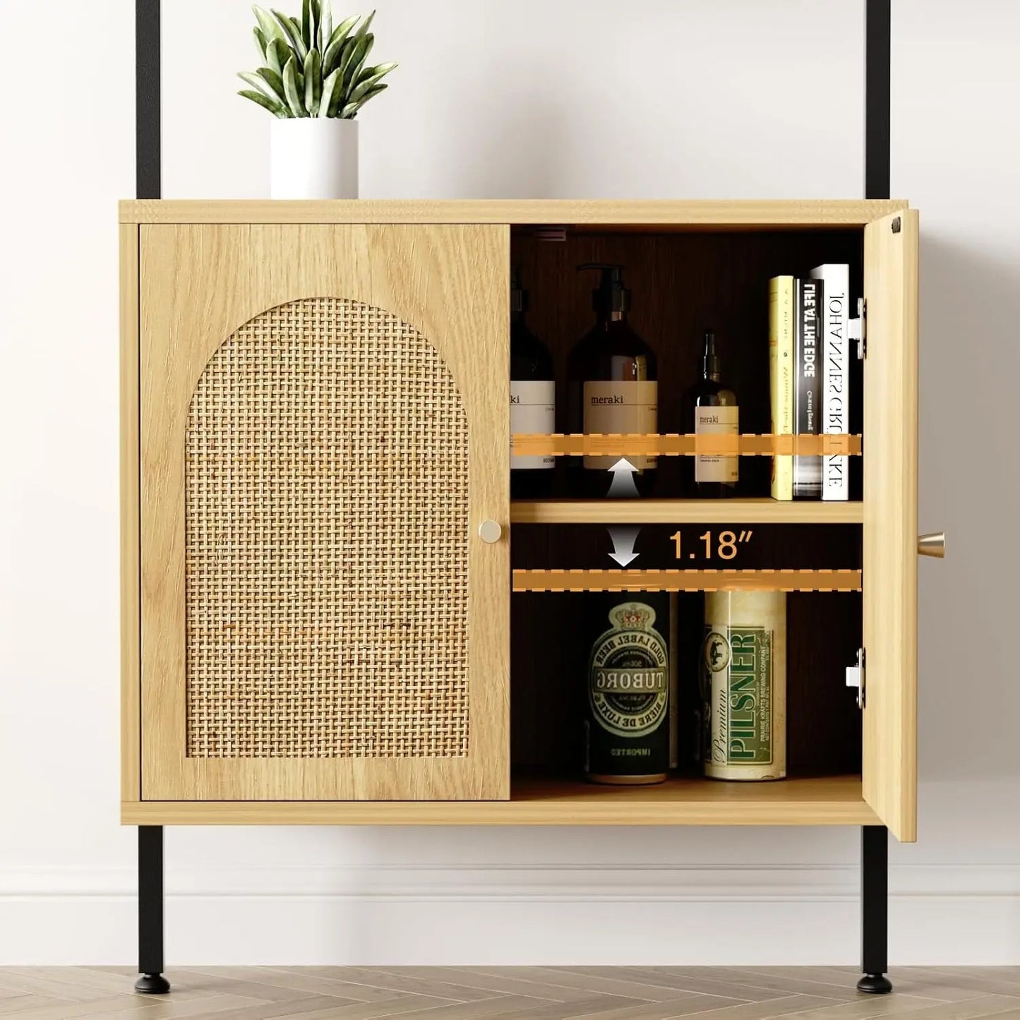 Ladder Bookshelf with Rattan Storage Cabinet 71'' 3-Tier Bookcase with Metal Frame Wall Mount Bookshelf for Home Office
