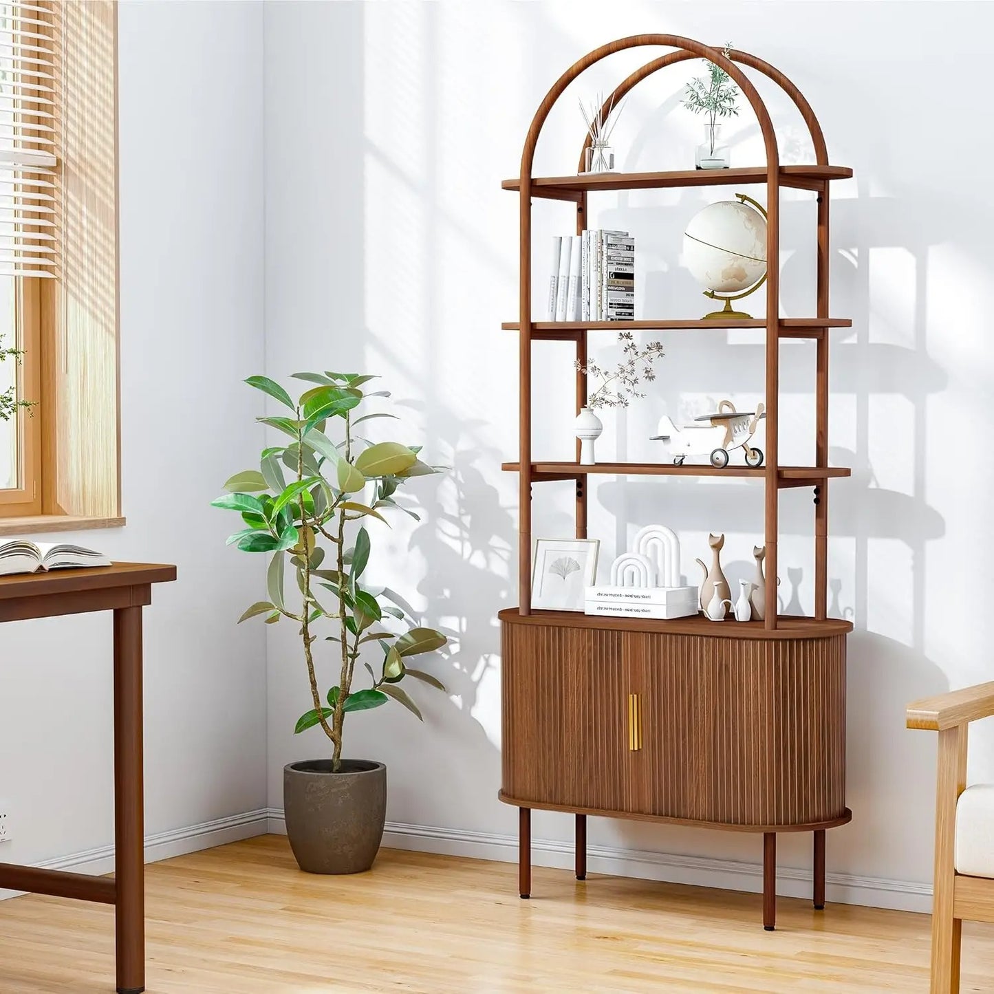 Tall Arched Bookshelf, Mid Century Modern Fluted Bookcase Cabinet with Sliding Doors, Curved Metal Frame Bookcase, (Walnut)