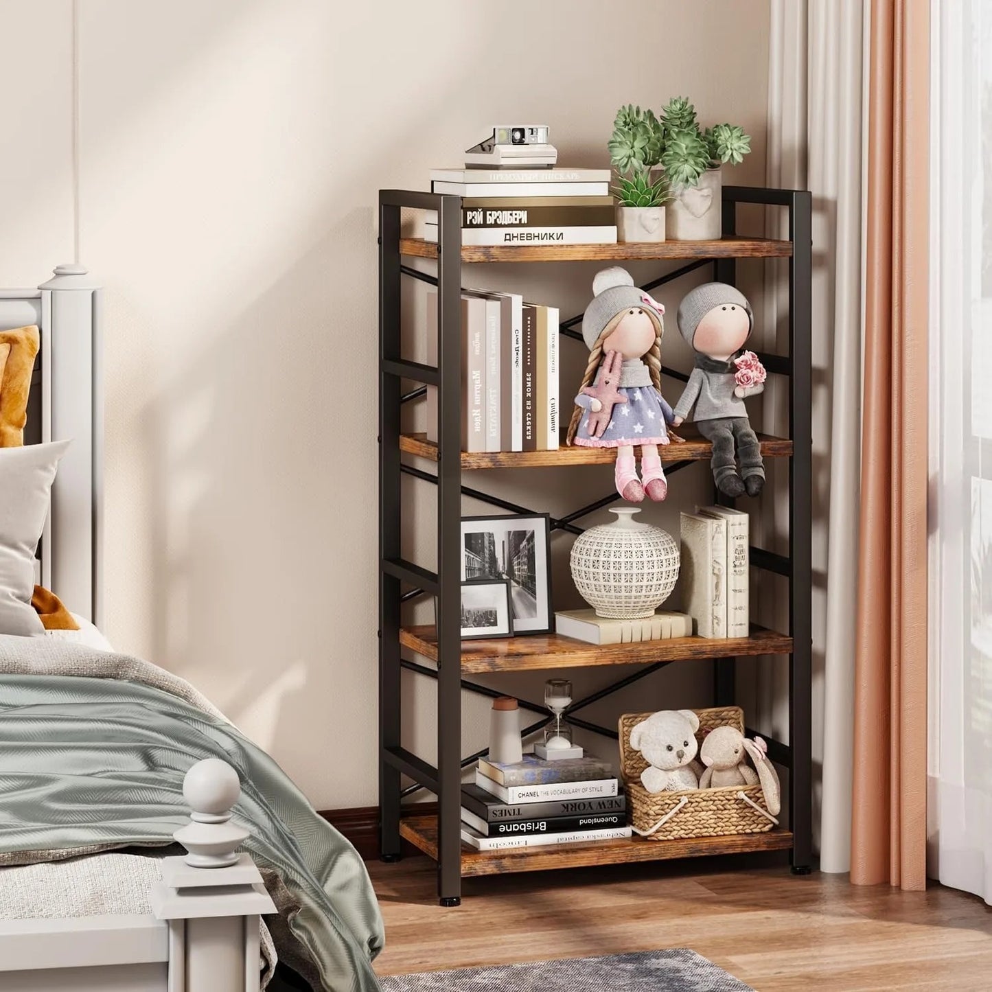 Bookshelf, 4 Tier Small Bookcase, Organizers and Storage, Metal Small Bookcase, Rustic Book Shelf Organization and Storage