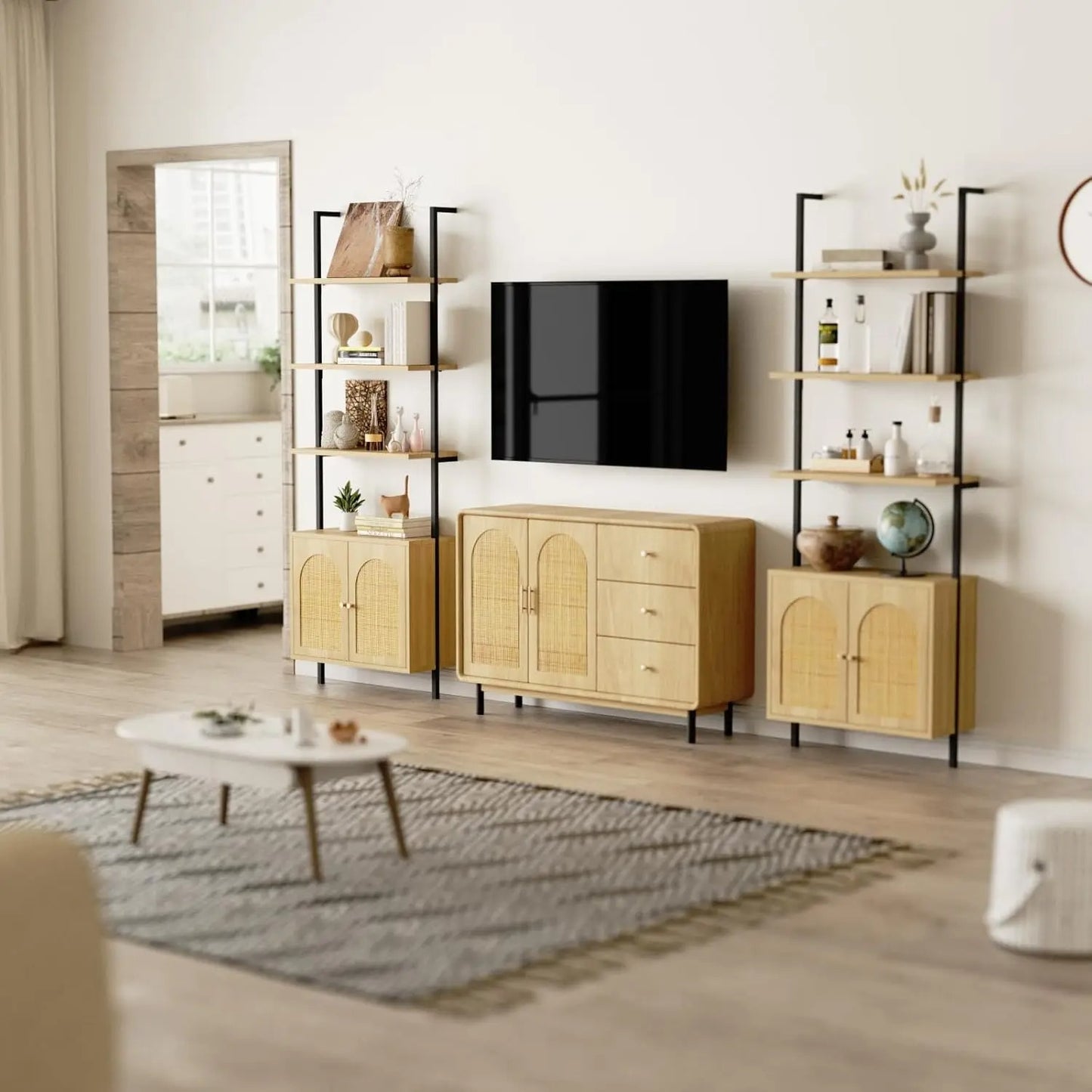 Ladder Bookshelf with Rattan Storage Cabinet 71'' 3-Tier Bookcase with Metal Frame Wall Mount Bookshelf for Home Office