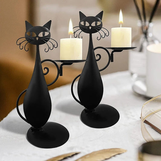 Black Cat Candle Holder For Pillar Candle Led Flameless Candles Retro Rustic Farmhouse Home Metal Cat Decor Candlestick