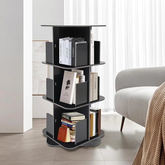 360°Rotating Bookshelf 3 Tier Bookcase Corner PVC Wood Board Bookcase, Stackable Bookshelf Organizer, Storage Display Rack