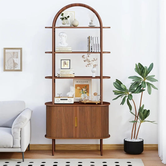 Tall Arched Bookshelf, Mid Century Modern Fluted Bookcase Cabinet with Sliding Doors, Curved Metal Frame Bookcase, (Walnut)