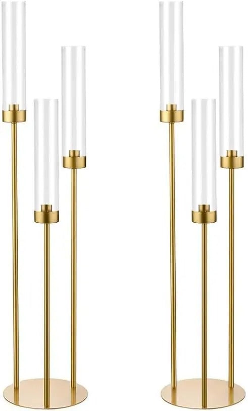 2PCS Gold Candle Holders for Wedding 3 Arm Candelabra with Arcylic Lampshade for Table Centerpiece Metal Candlestick Holder