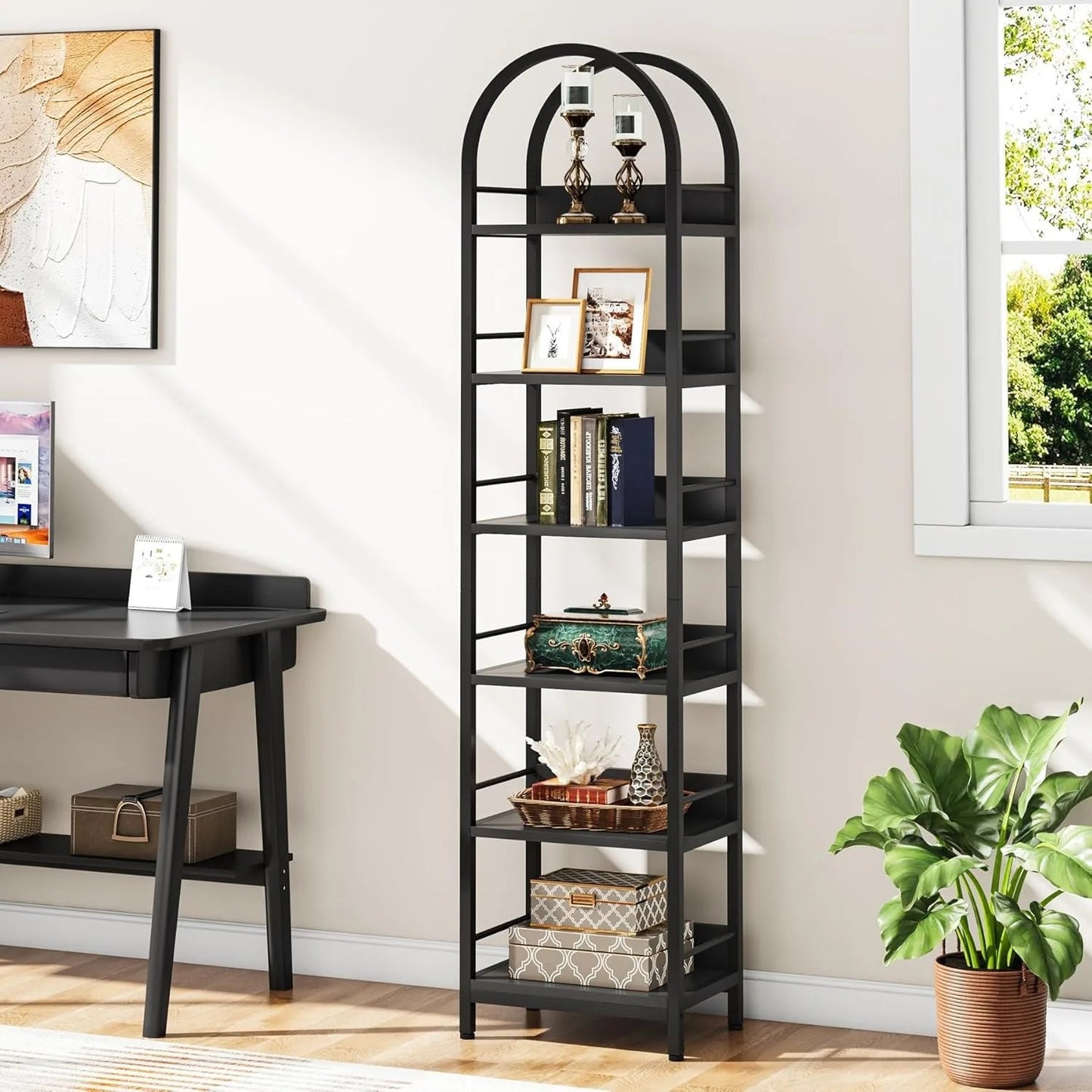 78.7" Tall Arched Bookcase, 6-Tier Open Bookshelf, Industrial Bookcase for Living Room, Study, Bedroom, Black