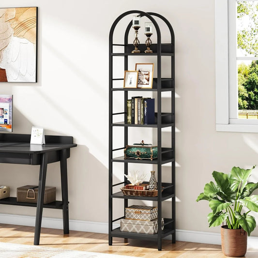 78.7" Tall Arched Bookcase, 6-Tier Open Bookshelf, Industrial Bookcase for Living Room, Study, Bedroom, Black