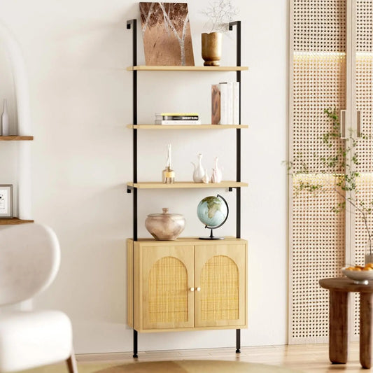 Ladder Bookshelf with Rattan Storage Cabinet 71'' 3-Tier Bookcase with Metal Frame Wall Mount Bookshelf for Home Office