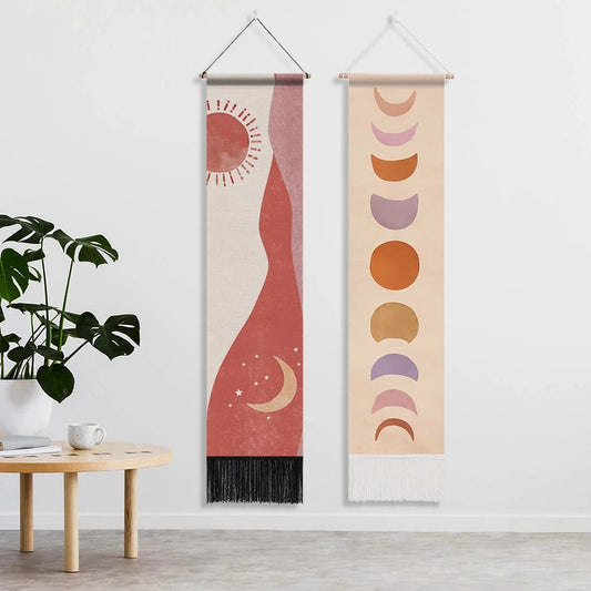 Vintage Minimalist Aesthetic Moon Phase Tapestry,Bohemian Geometric Mountain Sun Moon Tapestries .Wall Hanging for Room Decor