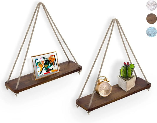 Comfify Hanging Shelves for Wall Rustic Farmhouse Boho Shelves with String Thick Distressed Torched Look Real Wood 1pcs