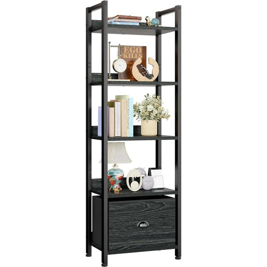 5 Tier Bookshelf with Drawer, Kitchen Bakers Rack with Storage, Tall Narrow Bookcase, Industrial Free Standing Display Shelf,