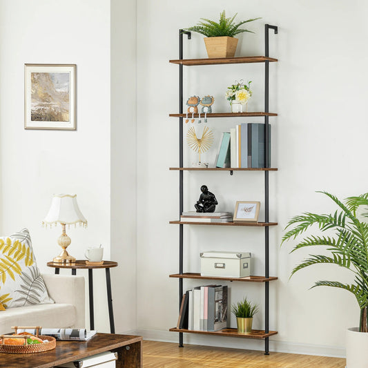 DIY Ladder Shelf, 6-Tier Wall Mounted Bookshelf, Office Vertical Bookcase, Wooden Storage Shelves for Home Office