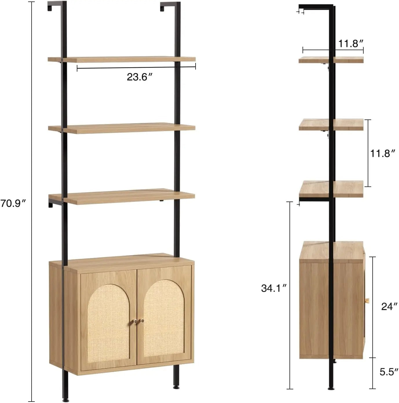 Ladder Bookshelf with Rattan Storage Cabinet 71'' 3-Tier Bookcase with Metal Frame Wall Mount Bookshelf for Home Office