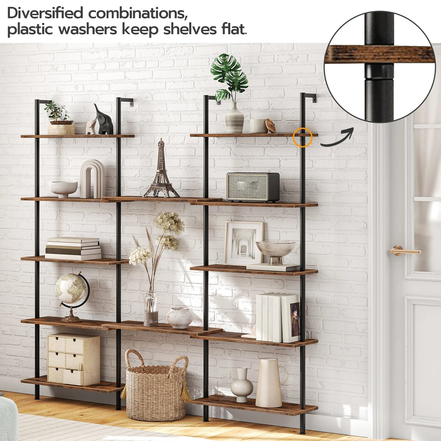 DIY Ladder Shelf, 6-Tier Wall Mounted Bookshelf, Office Vertical Bookcase, Wooden Storage Shelves for Home Office
