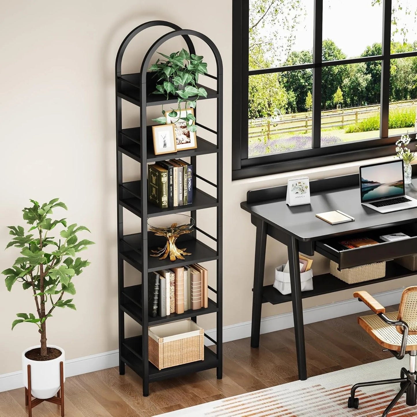 78.7" Tall Arched Bookcase, 6-Tier Open Bookshelf, Industrial Bookcase for Living Room, Study, Bedroom, Black