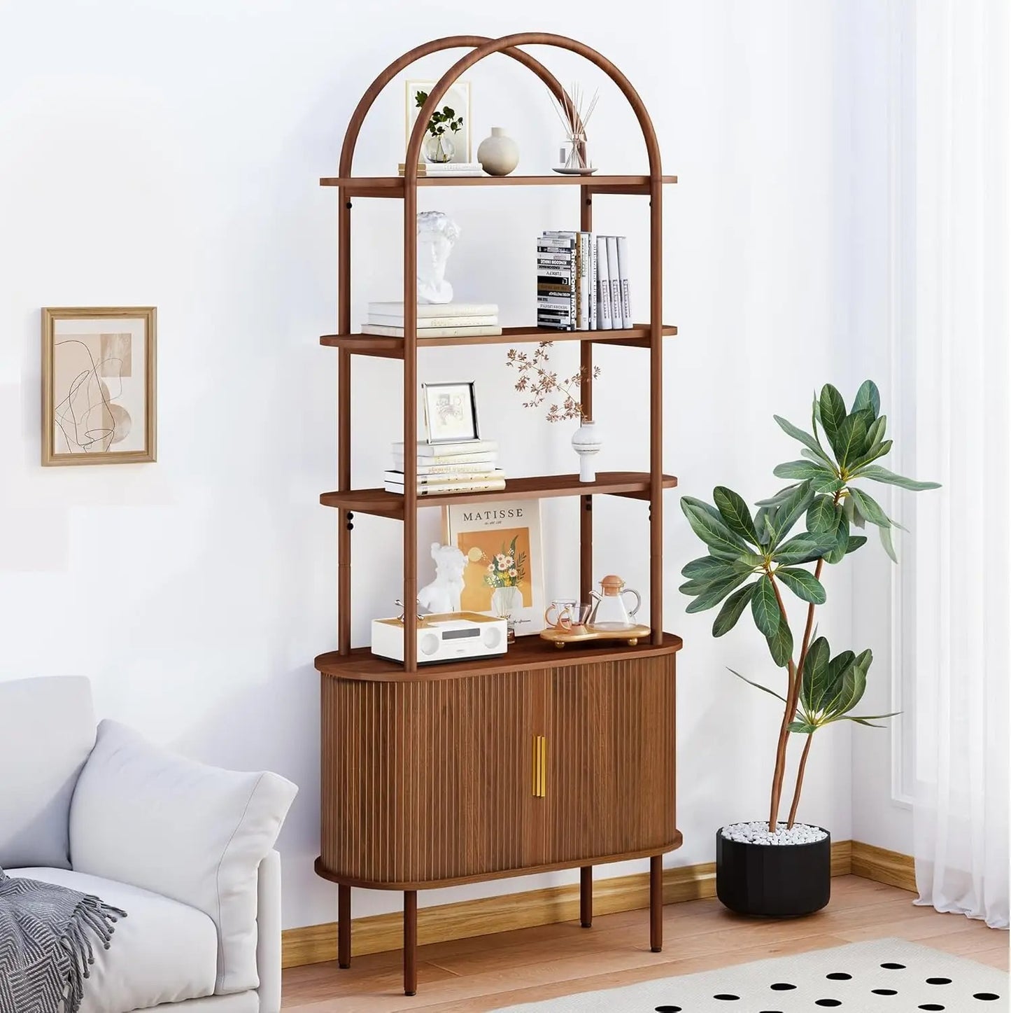 Tall Arched Bookshelf, Mid Century Modern Fluted Bookcase Cabinet with Sliding Doors, Curved Metal Frame Bookcase, (Walnut)