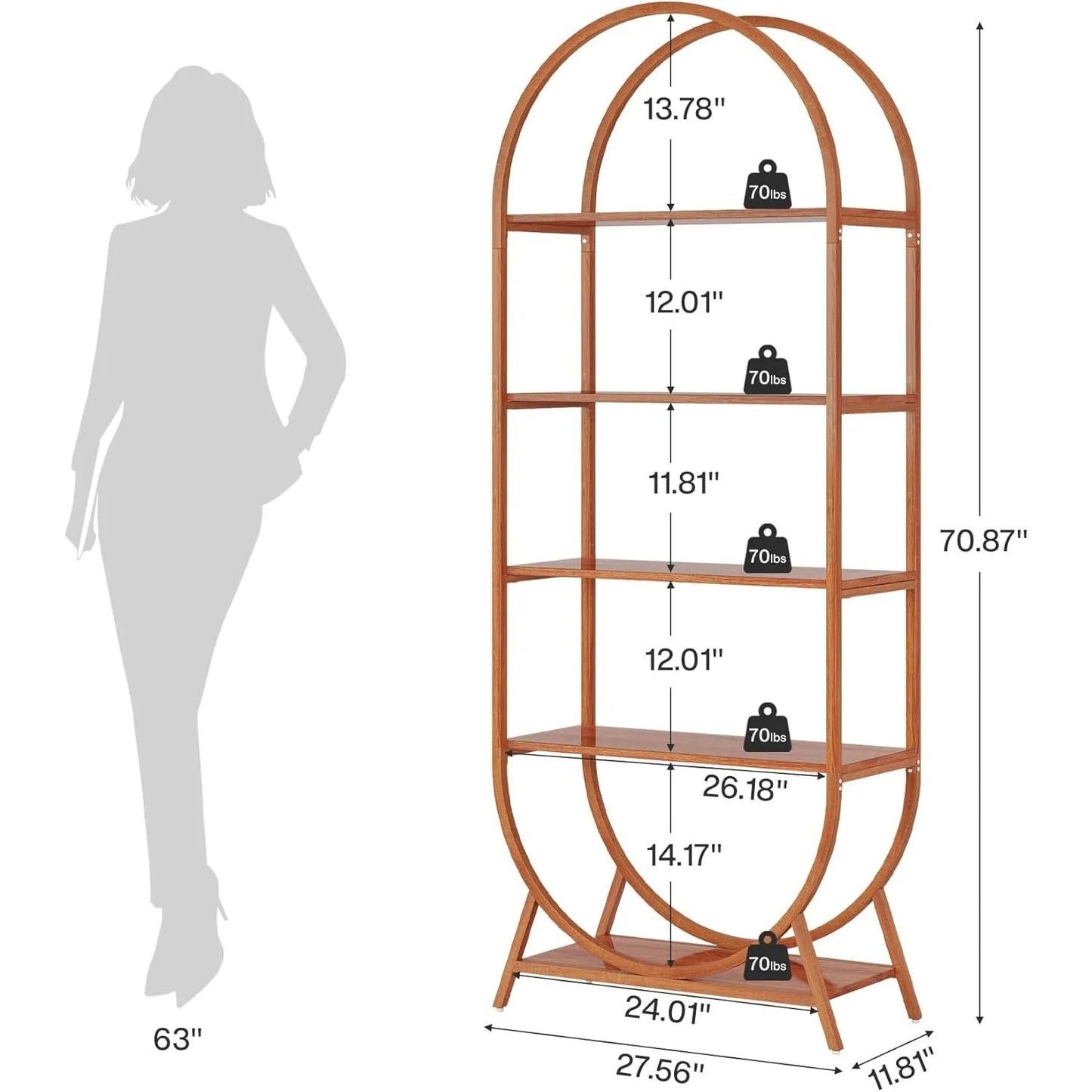 Bookshelf 5-Tier Arched Bookcase, 70.8" Tall Modern Open Book Shelves,Freestanding Display Rack for Living Room, Bedroom, Office