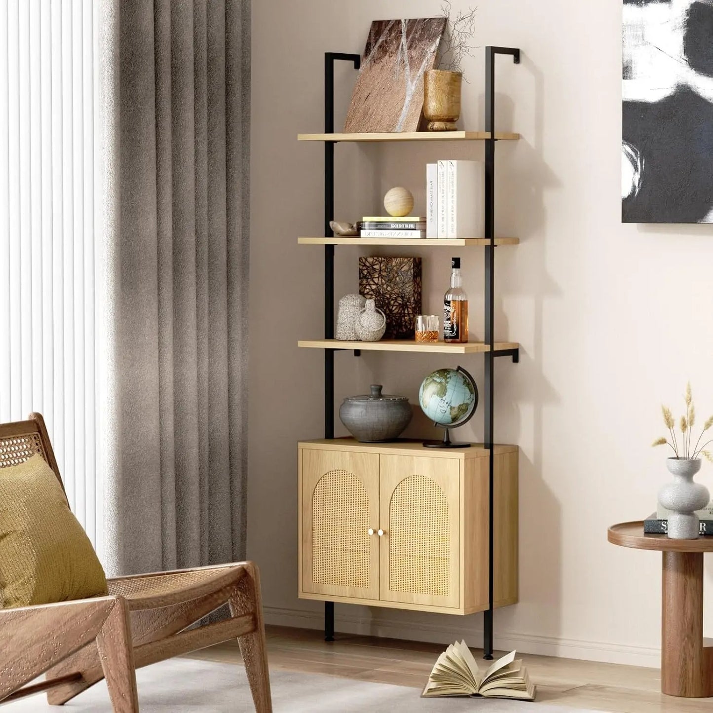 Ladder Bookshelf with Rattan Storage Cabinet 71'' 3-Tier Bookcase with Metal Frame Wall Mount Bookshelf for Home Office