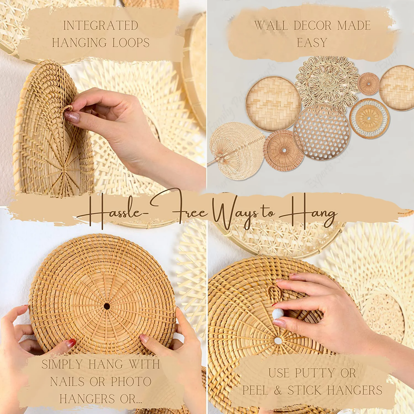 8pcs Natural Wall Basket Decor Boho Rattan Round Wall Decor Handmade Farmhouse Wall Hanging Decor for Bedroom Living Baby Room