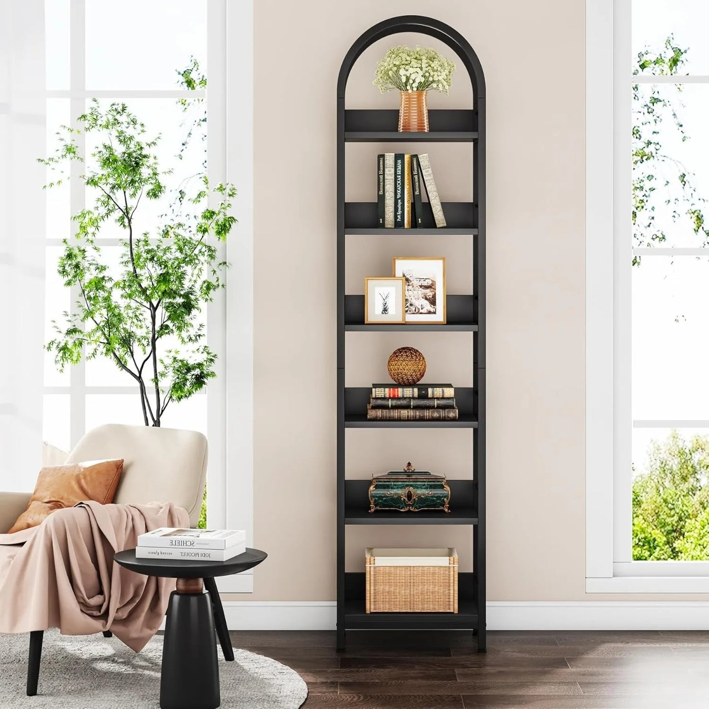 78.7" Tall Arched Bookcase, 6-Tier Open Bookshelf, Industrial Bookcase for Living Room, Study, Bedroom, Black