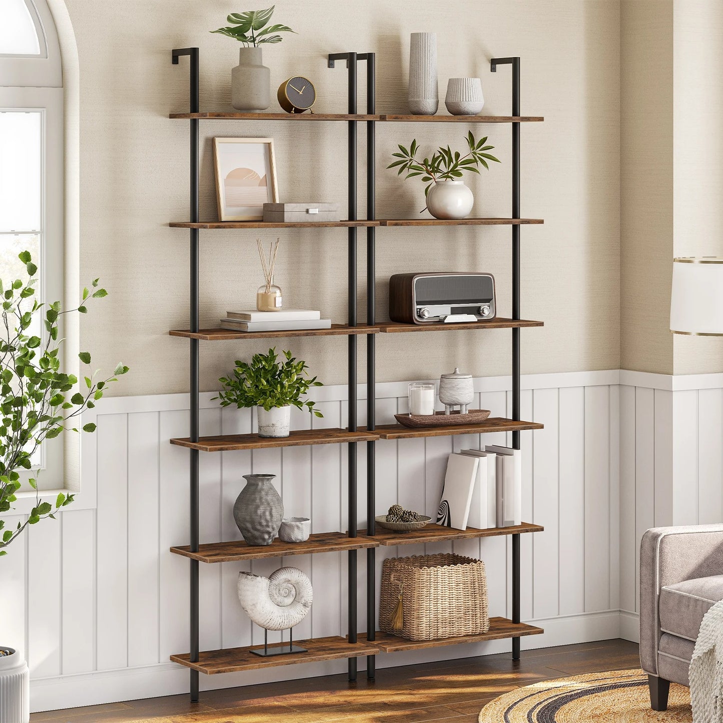 DIY Ladder Shelf, 6-Tier Wall Mounted Bookshelf, Office Vertical Bookcase, Wooden Storage Shelves for Home Office