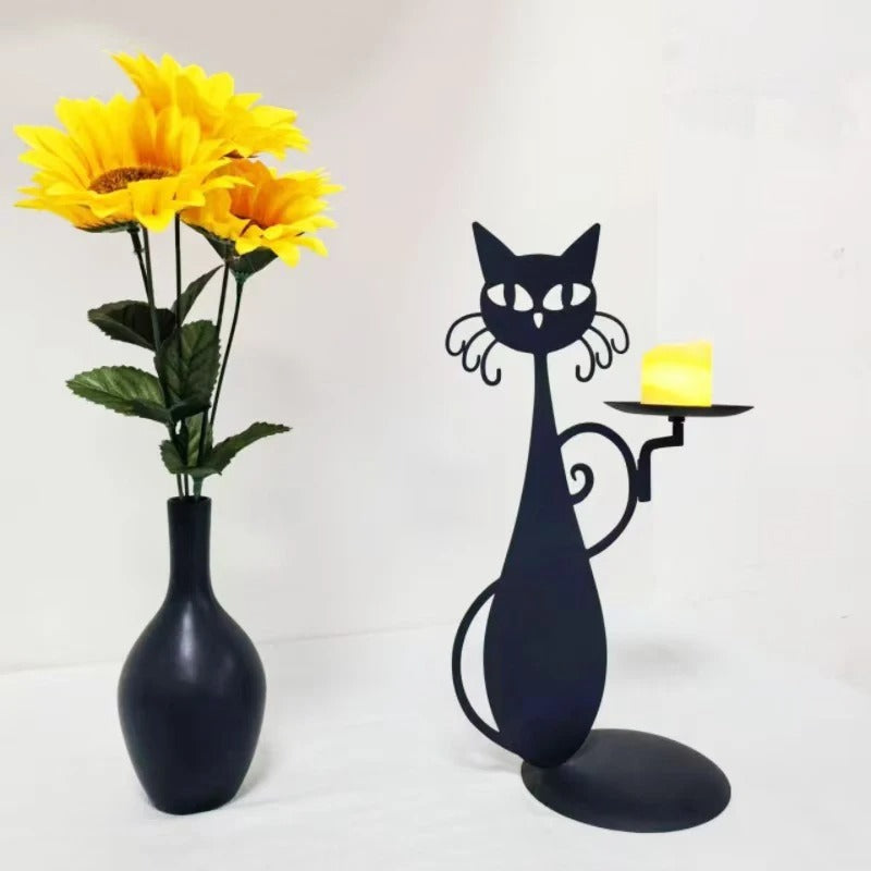 Black Cat Candle Holder For Pillar Candle Led Flameless Candles Retro Rustic Farmhouse Home Metal Cat Decor Candlestick