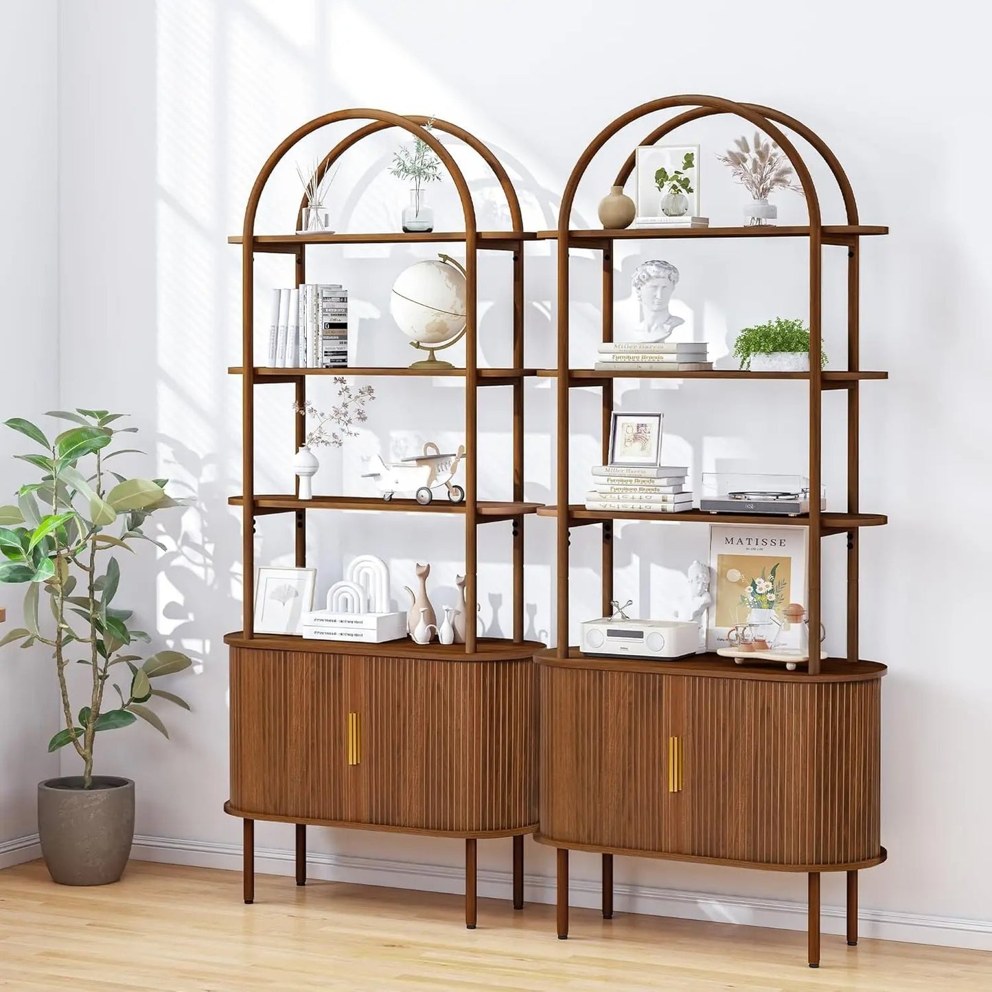 Tall Arched Bookshelf, Mid Century Modern Fluted Bookcase Cabinet with Sliding Doors, Curved Metal Frame Bookcase, (Walnut)