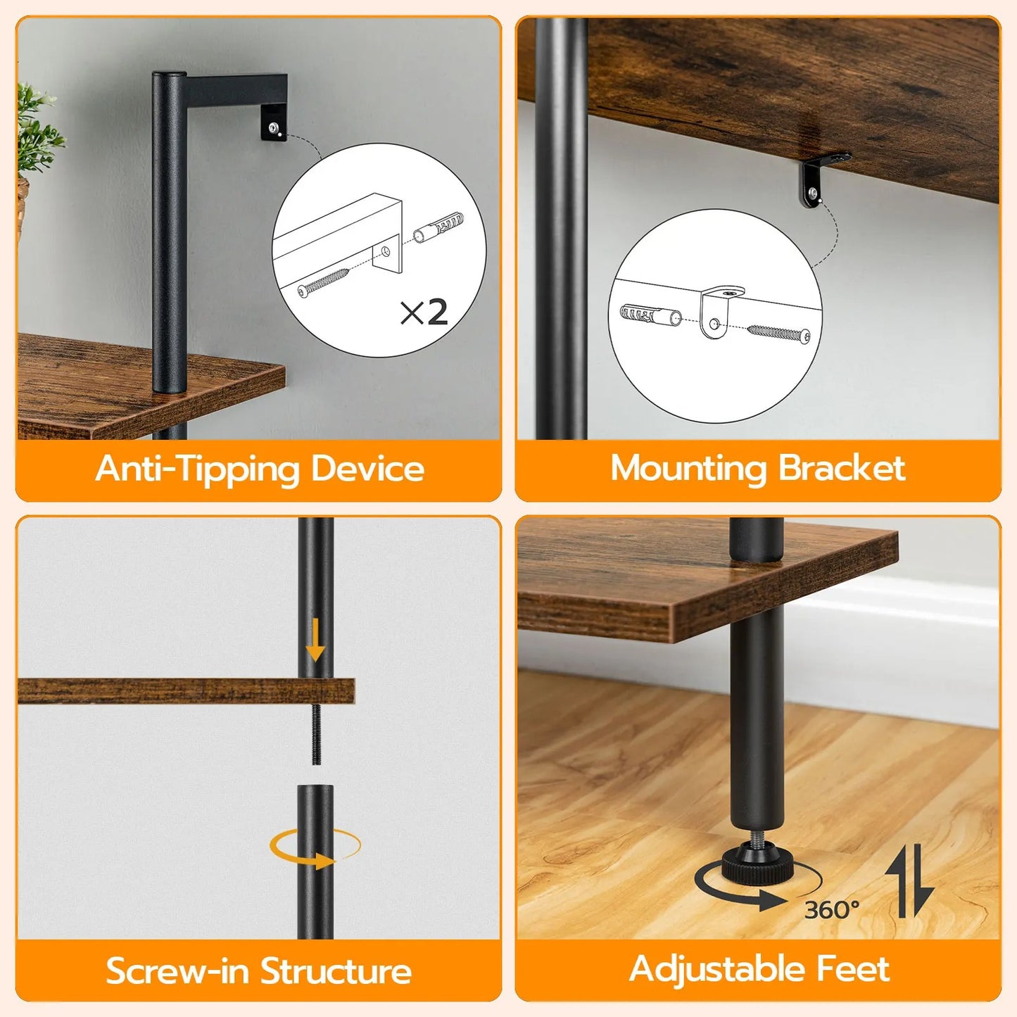 DIY Ladder Shelf, 6-Tier Wall Mounted Bookshelf, Office Vertical Bookcase, Wooden Storage Shelves for Home Office