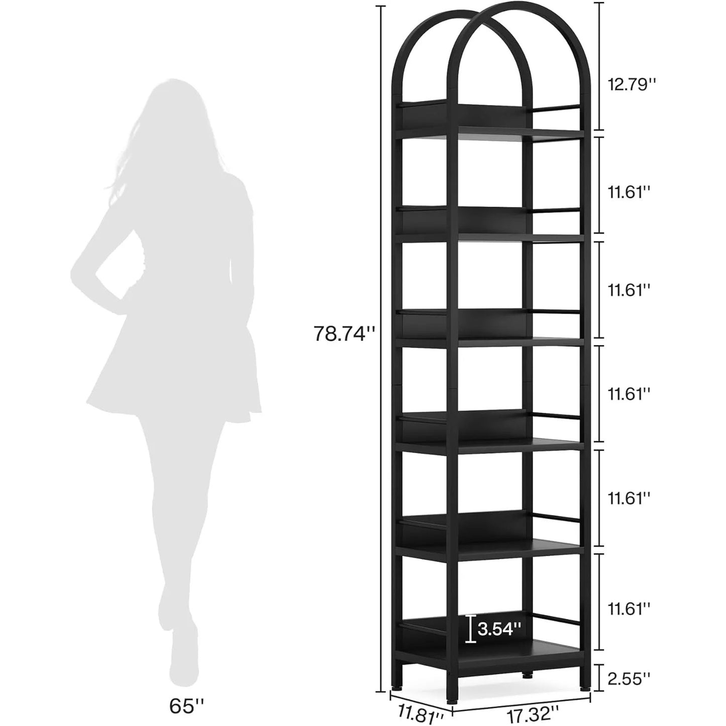 78.7" Tall Arched Bookcase, 6-Tier Open Bookshelf, Industrial Bookcase for Living Room, Study, Bedroom, Black