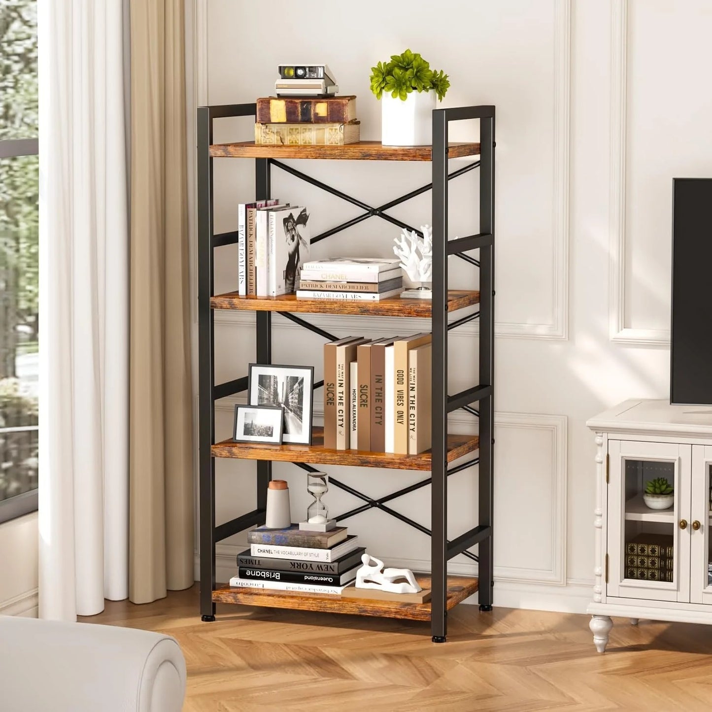 Bookshelf, 4 Tier Small Bookcase, Organizers and Storage, Metal Small Bookcase, Rustic Book Shelf Organization and Storage