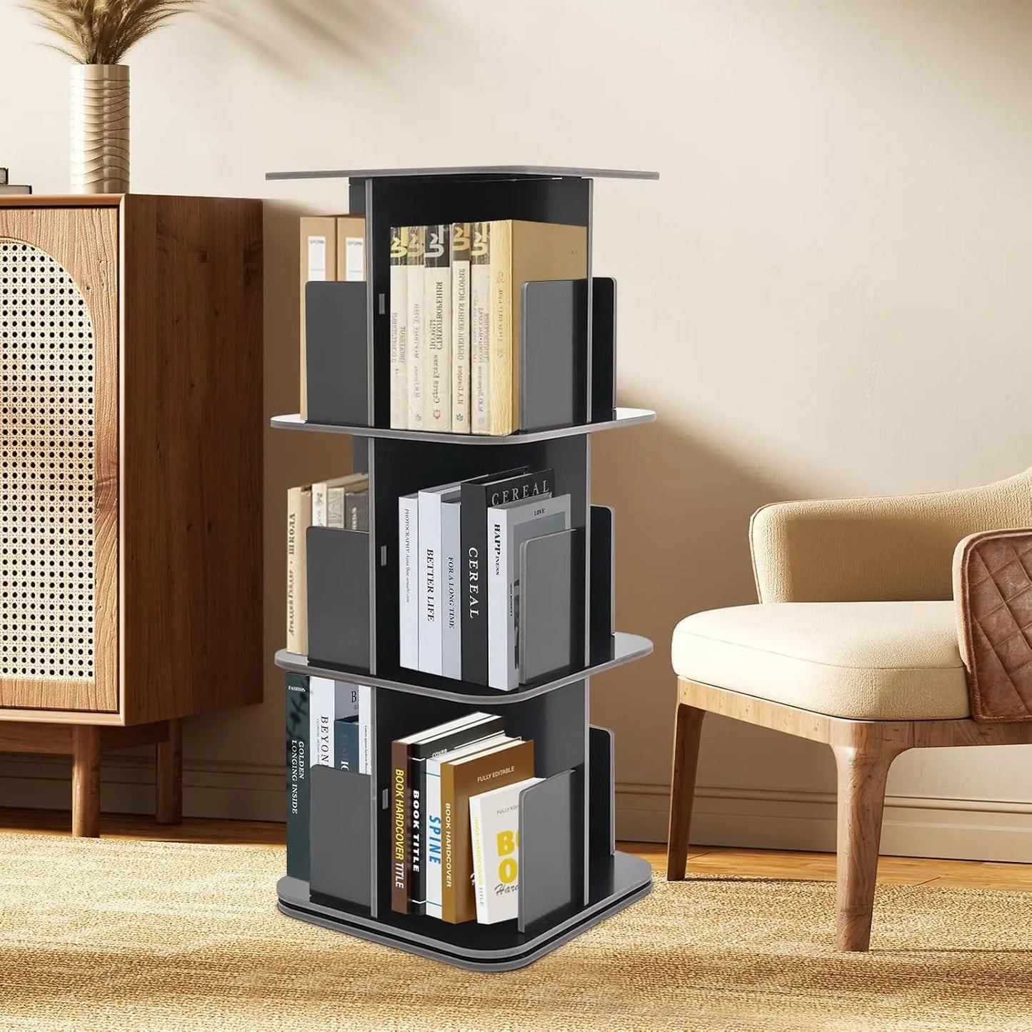 360°Rotating Bookshelf 3 Tier Bookcase Corner PVC Wood Board Bookcase, Stackable Bookshelf Organizer, Storage Display Rack