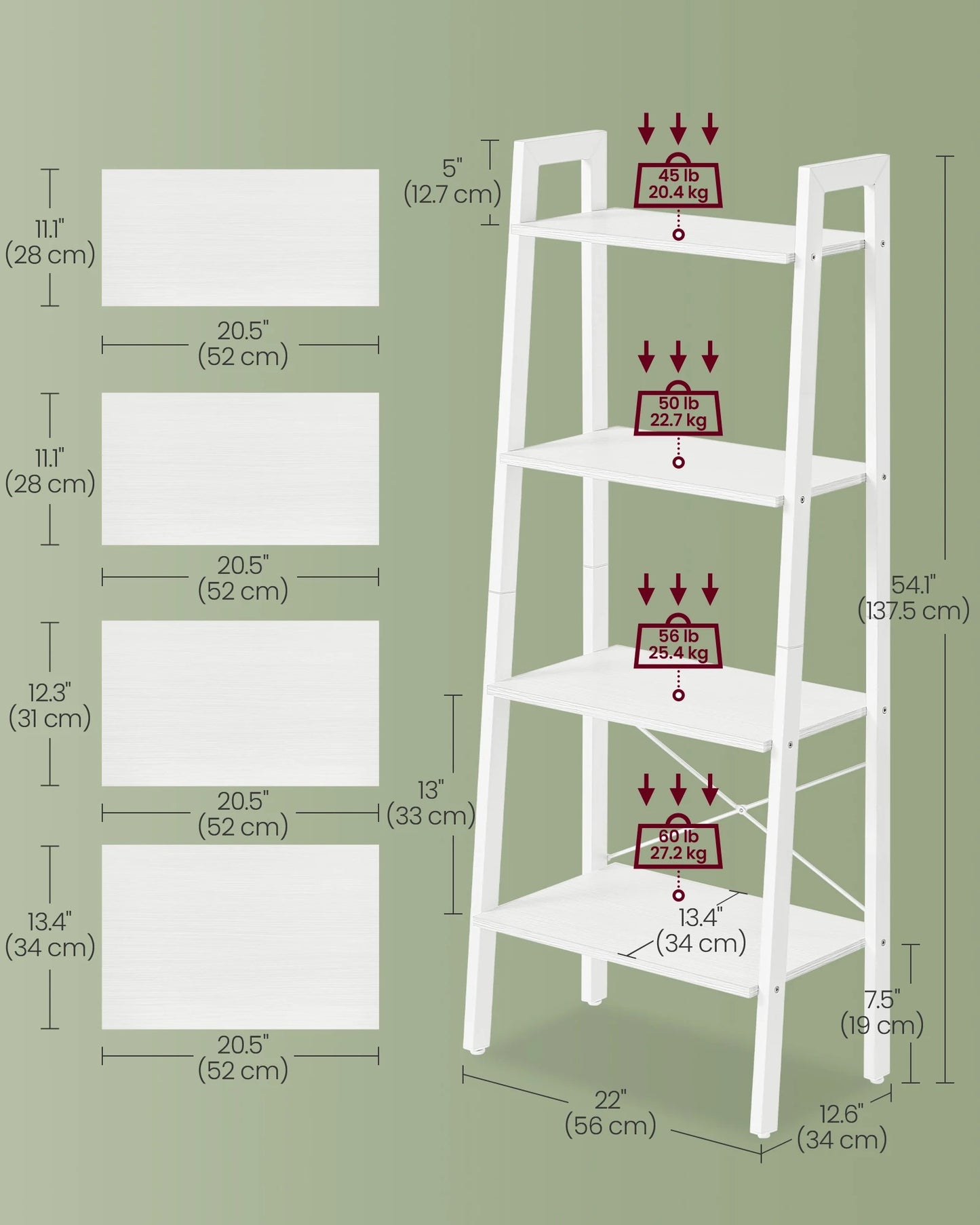 Ladder Shelf, 4-Tier Bookshelf, Storage Rack, Bookcase with Steel Frame, for Living Room, Home Office, Kitchen, Bedroom