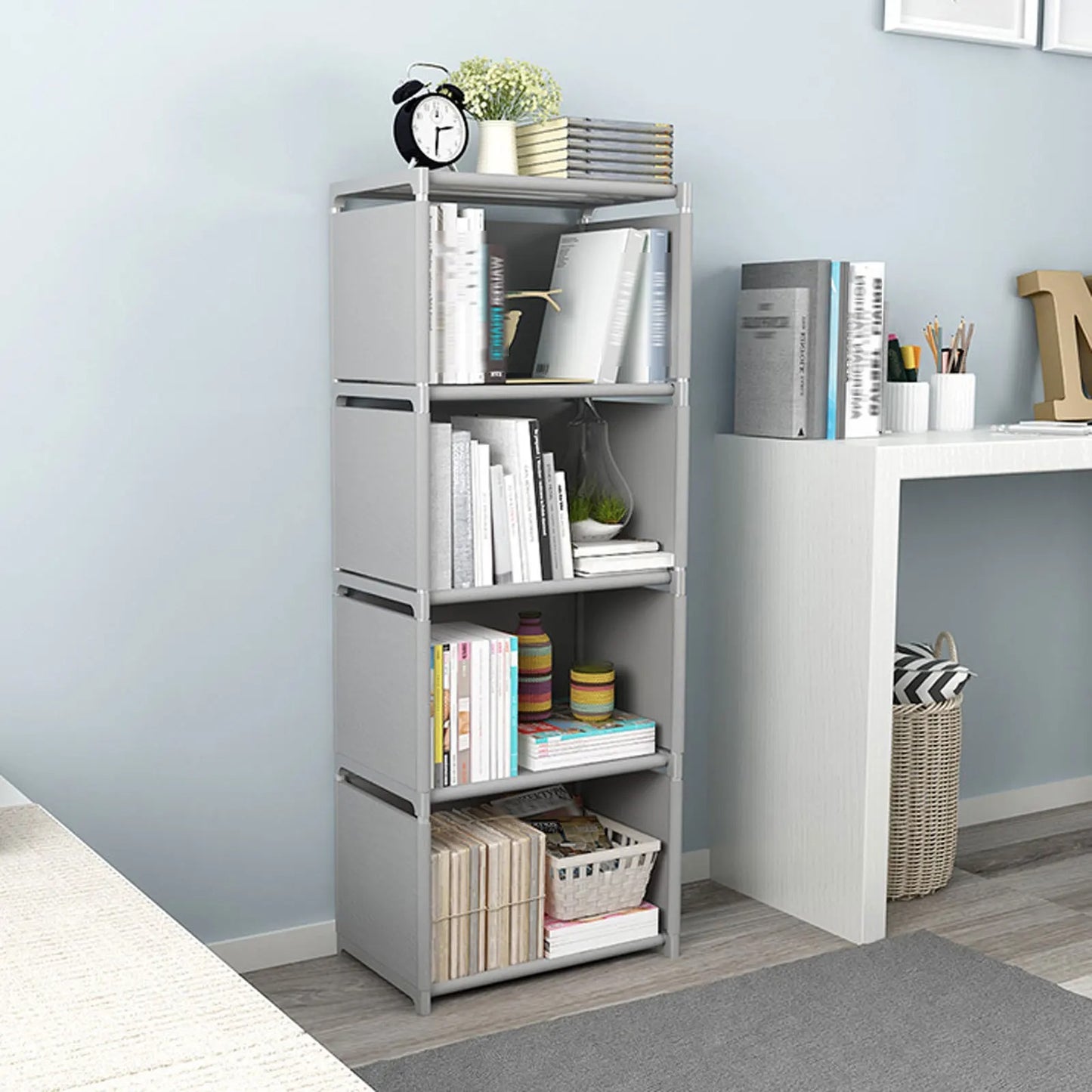 4 Tier Bookcase Bookshelf Storage Wall Shelf Bookshelf Closet Organizer Storage Bookcase for Bedroom Office Living Room Gray