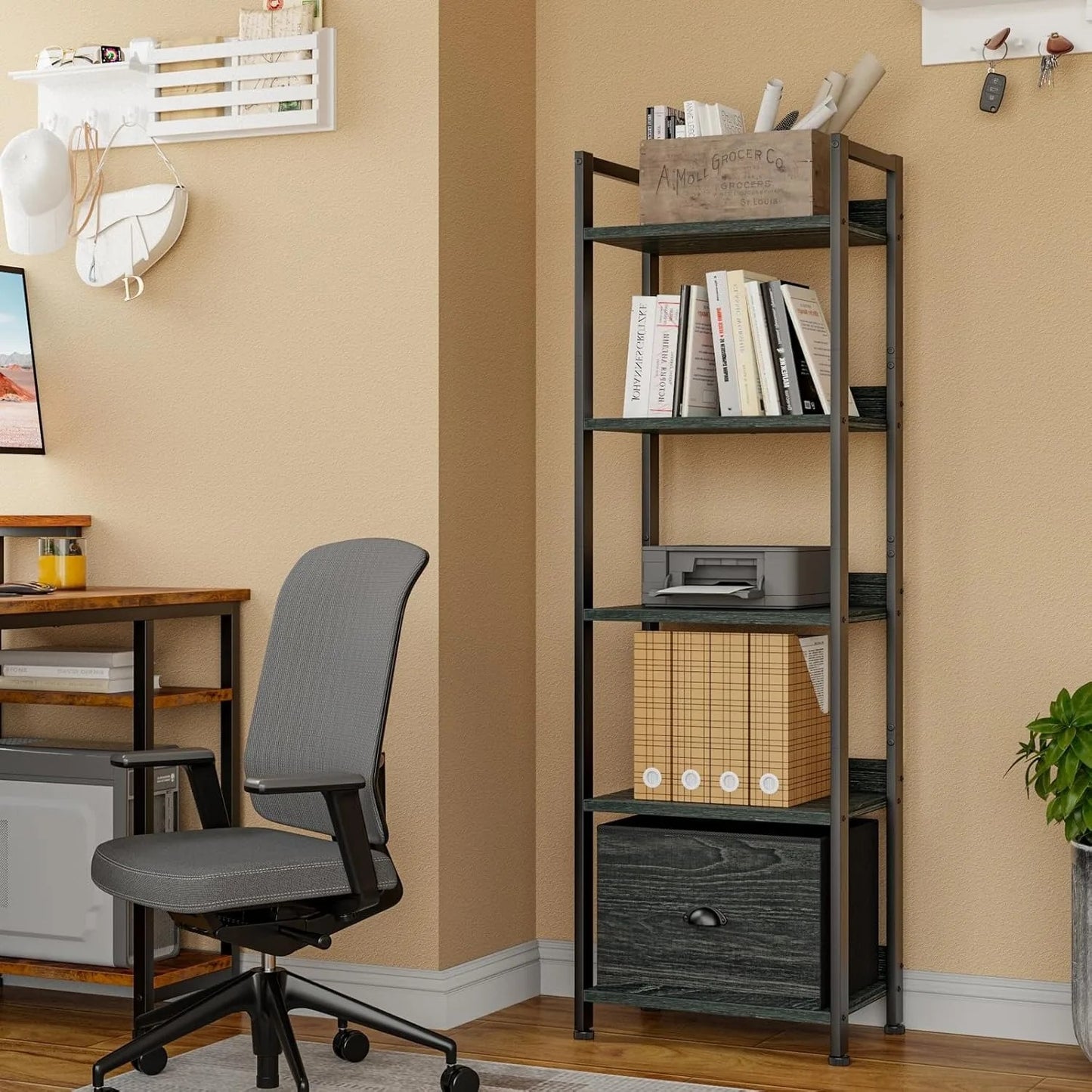 5 Tier Bookshelf with Drawer, Kitchen Bakers Rack with Storage, Tall Narrow Bookcase, Industrial Free Standing Display Shelf,