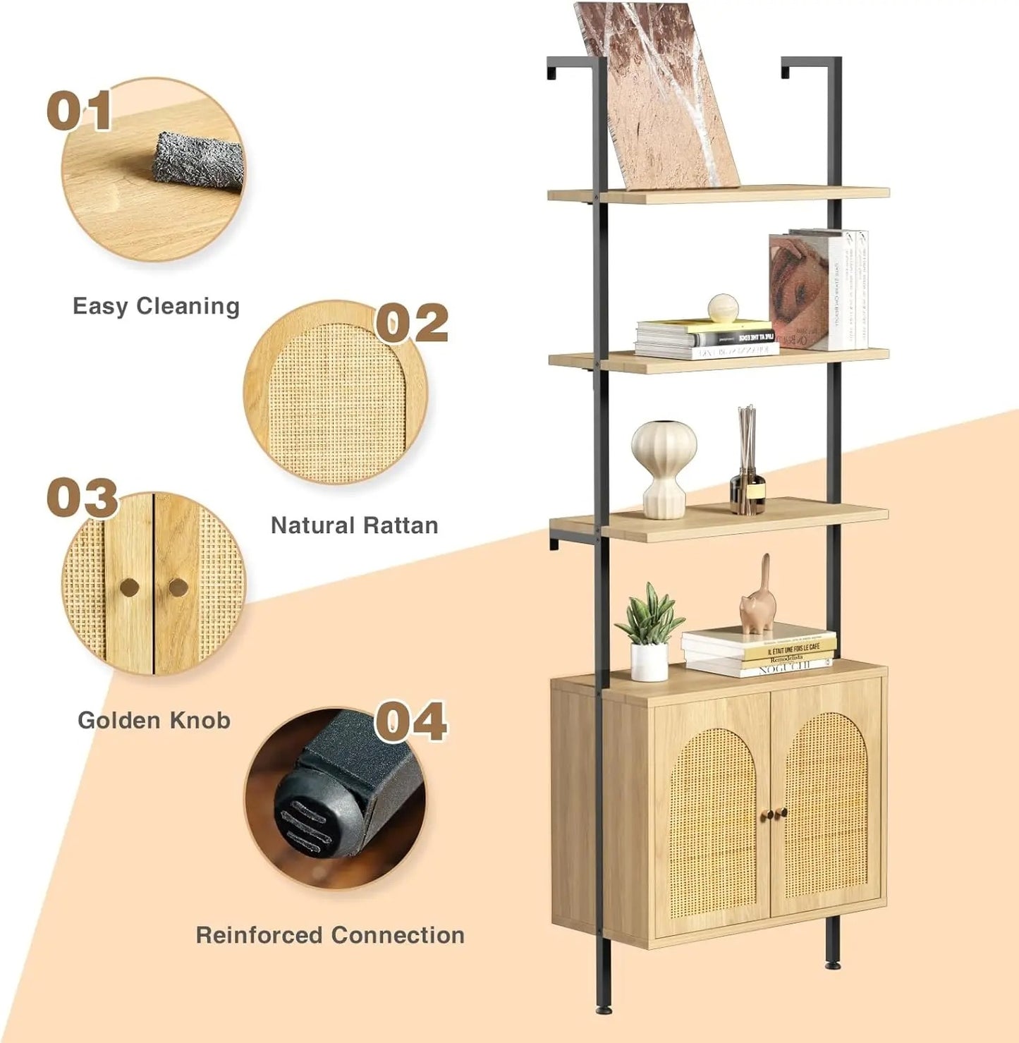Ladder Bookshelf with Rattan Storage Cabinet 71'' 3-Tier Bookcase with Metal Frame Wall Mount Bookshelf for Home Office