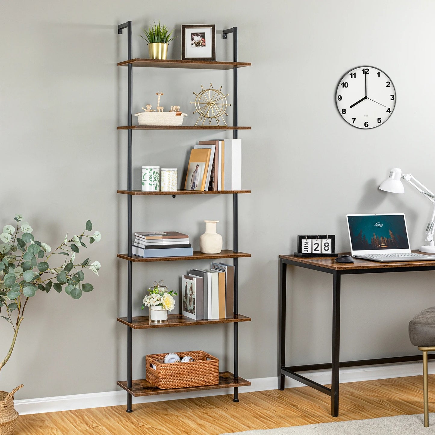 DIY Ladder Shelf, 6-Tier Wall Mounted Bookshelf, Office Vertical Bookcase, Wooden Storage Shelves for Home Office