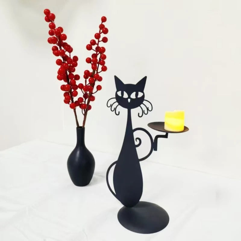 Black Cat Candle Holder For Pillar Candle Led Flameless Candles Retro Rustic Farmhouse Home Metal Cat Decor Candlestick