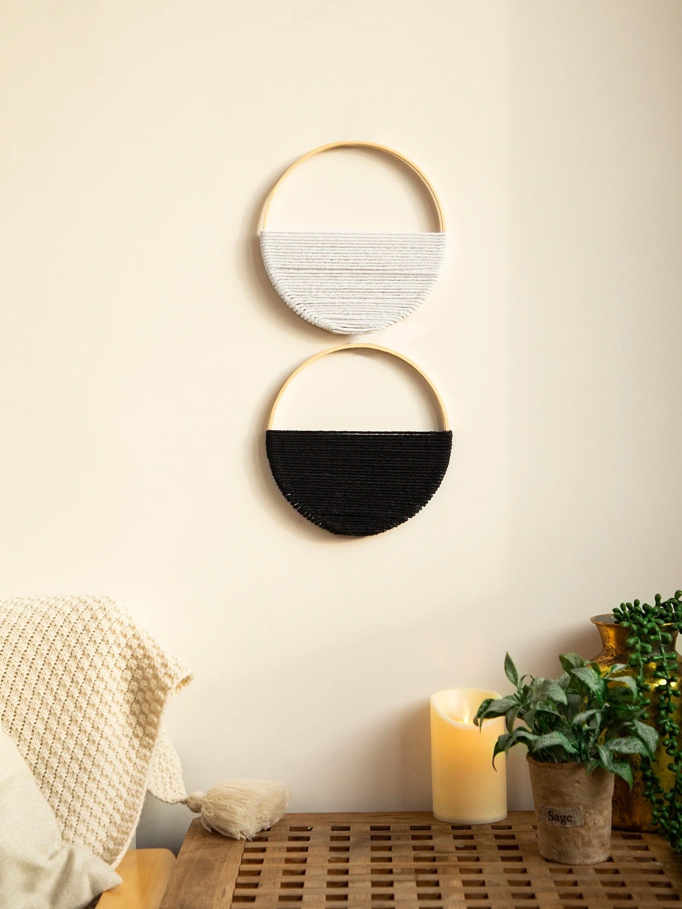 2pcs Macrame Round Wall Hanging Woven Tapestry Bamboo Circle Wall Decor Boho Home Decorations Living Room Decors Aesthetic Gifts