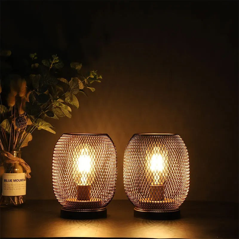 2Pcs Metal Cage Table Lamp Round Shaped LED Lantern Battery Powered Cordless Lamp for Weddings Party  Home Decor Candle Holder